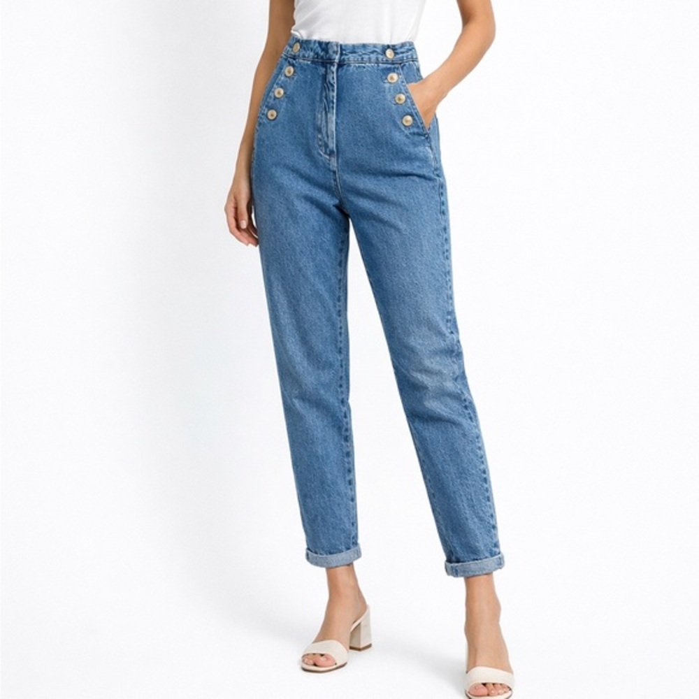 Zara High Rise Button Detail Jeans‎ Women’s Medium Blue Straight Leg Denim Pants